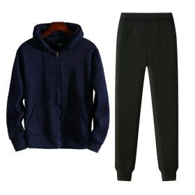 Printable Fall/Winter 2022 Relaxed Oversized Cardigan Fleece Hooded Couple Set - Navy Blue - L