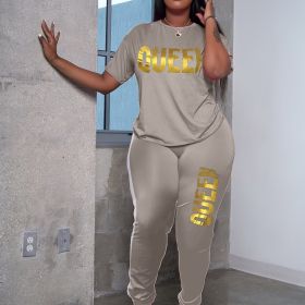 Plus Size Letter Print Short Sleeve T-shirt & Pants Set; Women's Plus Medium Stretch Workout 2pcs Set - Silver Gray - 4XL(20)