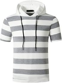 Men's New Muscle T-Shirt Gym Hooded Sports Short Sleeve Striped Slim T-Shirt - Light gray-M