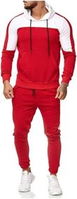 Men's Hooded Sweater Tracksuit Sports Casual Colorblock Sweater Jogger Pants 2-piece Set - RED-L