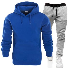 Autumn and winter men's pullover plush hoodie sweater suit solid casual sports suit - Blue - L