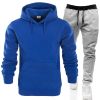 Autumn and winter men's pullover plush hoodie sweater suit solid casual sports suit - Black - S