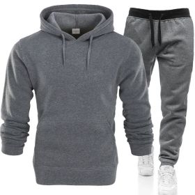 Autumn and winter men's pullover plush hoodie sweater suit solid casual sports suit - Drak gray - 3XL