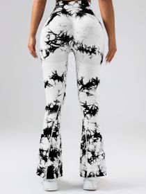 High-Waist Tummy Control Flare Yoga Pants For Women, Tie-Dye Stretch Slimming Bootcut Workout Pants, Fitness & Sports Activewear - White - L