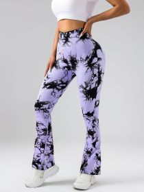 High-Waist Tummy Control Flare Yoga Pants For Women, Tie-Dye Stretch Slimming Bootcut Workout Pants, Fitness & Sports Activewear - Purple - L