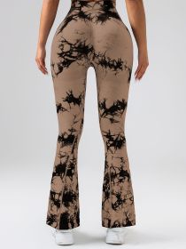 High-Waist Tummy Control Flare Yoga Pants For Women, Tie-Dye Stretch Slimming Bootcut Workout Pants, Fitness & Sports Activewear - Coffee - S