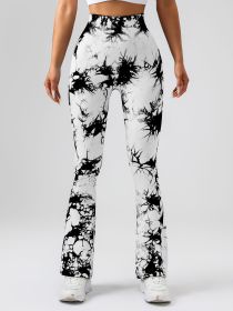 High-Waist Tummy Control Flare Yoga Pants For Women, Tie-Dye Stretch Slimming Bootcut Workout Pants, Fitness & Sports Activewear - White - M