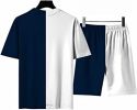 Men's Round Collar Suit 2 Piece Short Sports Set Short Shirt+ Pants Tracksuit Gym Suits - DARK BLUE+WHITE-L