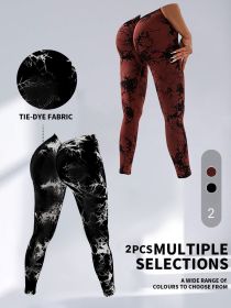 2 Pack Tie-Dye High Waist V-Back Yoga Leggings, Peach-Hip Enhancing Athleisure Tights, Sport Style Fitness Pants - 2PACK1 - M