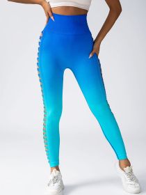Women's High-Waisted Gradient Yoga Pants, Cutout Leggings, Booty Lifting, Athletic Long Tights For Fitness Workout, Breathable Sportswear - Blue - L