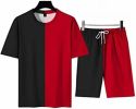 Men's Round Collar Suit 2 Piece Short Sports Set Short Shirt+ Pants Tracksuit Gym Suits - BLACK+RED-L