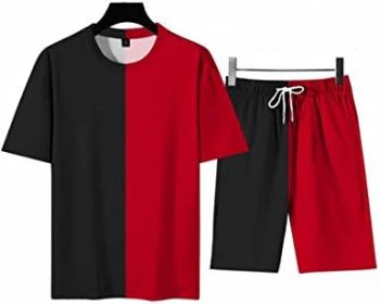 Men's Round Collar Suit 2 Piece Short Sports Set Short Shirt+ Pants Tracksuit Gym Suits - BLACK+RED-L