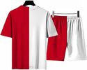 Men's Round Collar Suit 2 Piece Short Sports Set Short Shirt+ Pants Tracksuit Gym Suits - RED+WHITE-M