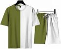 Men's Round Collar Suit 2 Piece Short Sports Set Short Shirt+ Pants Tracksuit Gym Suits - GREEN+WHITE-XXL