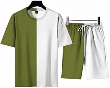 Men's Round Collar Suit 2 Piece Short Sports Set Short Shirt+ Pants Tracksuit Gym Suits - GREEN+WHITE-XXL