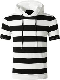 Men's New Muscle T-Shirt Gym Hooded Sports Short Sleeve Striped Slim T-Shirt - Black-XL