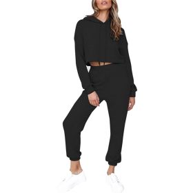 2 Piece Outfits for Women Crewneck Long Sleeve Crop Tops and Wide Leg Pants Sets - L - Black