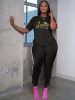 Plus Size Letter Print Short Sleeve T-shirt & Pants Set; Women's Plus Medium Stretch Workout 2pcs Set - Black - 1XL(14)