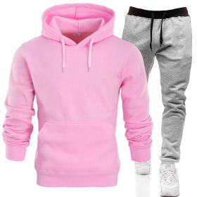 Autumn and winter men's pullover plush hoodie sweater suit solid casual sports suit - Pink - XL