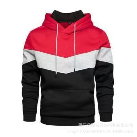 New men's fleece sweater splicing Hoodie autumn winter leisure sports sweater Plush casual coat - Red - 2XL