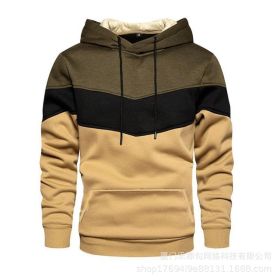 New men's fleece sweater splicing Hoodie autumn winter leisure sports sweater Plush casual coat - Khaki - 3XL