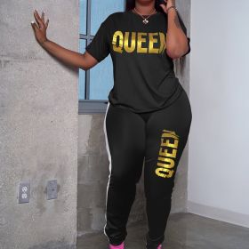 Plus Size Letter Print Short Sleeve T-shirt & Pants Set; Women's Plus Medium Stretch Workout 2pcs Set - Black - 3XL(18)