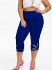 Plus Size High Rise Cut Out Capri Leggings; Women's Plus Medium Stretch Solid Casual Leggings - Blue - 2XL(16)