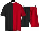 Men's Round Collar Suit 2 Piece Short Sports Set Short Shirt+ Pants Tracksuit Gym Suits - BLACK+RED-L