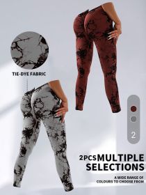 2 Pack Tie-Dye High Waist V-Back Yoga Leggings, Peach-Hip Enhancing Athleisure Tights, Sport Style Fitness Pants - 2PACK3 - S