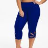Plus Size High Rise Cut Out Capri Leggings; Women's Plus Medium Stretch Solid Casual Leggings - Blue - 2XL(16)