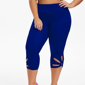 Plus Size High Rise Cut Out Capri Leggings; Women's Plus Medium Stretch Solid Casual Leggings - Blue - 2XL(16)