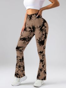High-Waist Tummy Control Flare Yoga Pants For Women, Tie-Dye Stretch Slimming Bootcut Workout Pants, Fitness & Sports Activewear - Coffee - M