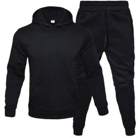 Autumn and winter men's pullover plush hoodie sweater suit solid casual sports suit - Black - 3XL