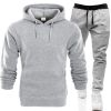 Autumn and winter men's pullover plush hoodie sweater suit solid casual sports suit - Black - S