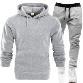 Autumn and winter men's pullover plush hoodie sweater suit solid casual sports suit - Light gray - S