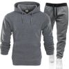 Autumn and winter men's pullover plush hoodie sweater suit solid casual sports suit - Black - S