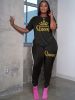 Plus Size Letter Print Short Sleeve T-shirt & Pants Set; Women's Plus Medium Stretch Workout 2pcs Set - Black - 3XL(18)
