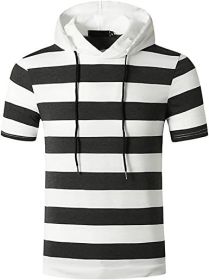Men's New Muscle T-Shirt Gym Hooded Sports Short Sleeve Striped Slim T-Shirt - Dark gray-M