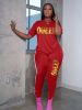 Plus Size Letter Print Short Sleeve T-shirt & Pants Set; Women's Plus Medium Stretch Workout 2pcs Set - Black - 1XL(14)
