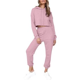 2 Piece Outfits for Women Crewneck Long Sleeve Crop Tops and Wide Leg Pants Sets - L - Pink