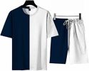 Men's Round Collar Suit 2 Piece Short Sports Set Short Shirt+ Pants Tracksuit Gym Suits - DARK BLUE+WHITE-L