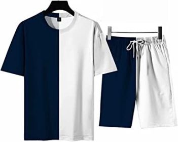 Men's Round Collar Suit 2 Piece Short Sports Set Short Shirt+ Pants Tracksuit Gym Suits - DARK BLUE+WHITE-L