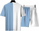 Men's Round Collar Suit 2 Piece Short Sports Set Short Shirt+ Pants Tracksuit Gym Suits - LIGHT  BLUE+WHITE-XL