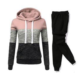 Women Tracksuit 2 Pieces Set Winter Hoodies+Pants Set Patchwork Pullover Sweatshirt Female Sport Suit Outfits for Woman Clothing - Pink - XXL