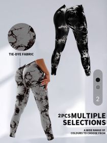 2 Pack Tie-Dye High Waist V-Back Yoga Leggings, Peach-Hip Enhancing Athleisure Tights, Sport Style Fitness Pants - 2PACK2 - S