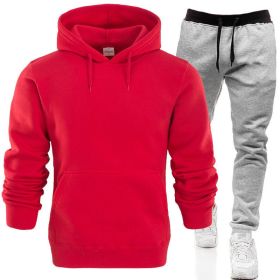 Autumn and winter men's pullover plush hoodie sweater suit solid casual sports suit - Red - M