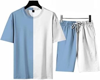 Men's Round Collar Suit 2 Piece Short Sports Set Short Shirt+ Pants Tracksuit Gym Suits - LIGHT  BLUE+WHITE-XL