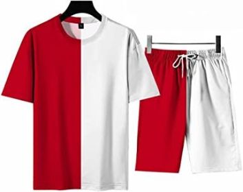 Men's Round Collar Suit 2 Piece Short Sports Set Short Shirt+ Pants Tracksuit Gym Suits - RED+WHITE-XXL