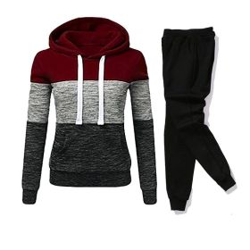 Women Tracksuit 2 Pieces Set Winter Hoodies+Pants Set Patchwork Pullover Sweatshirt Female Sport Suit Outfits for Woman Clothing - Burgundy - S