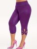 Plus Size High Rise Cut Out Capri Leggings; Women's Plus Medium Stretch Solid Casual Leggings - Pink - 2XL(16)